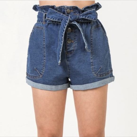Paper Bag Denim Cuffed Shorts - Picture 2 of 5